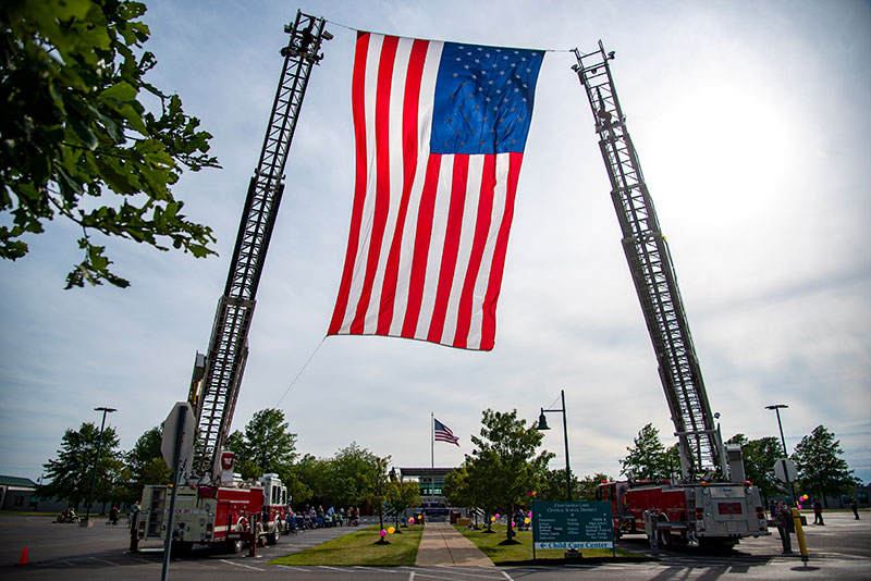 A giant flag suspended in the air