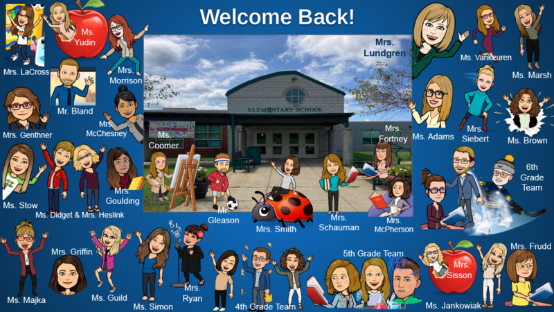Cartoon versions of the elementary teachers and their names are shown with a photo of the Elementary School and the phrase "Welcome to Open House!"